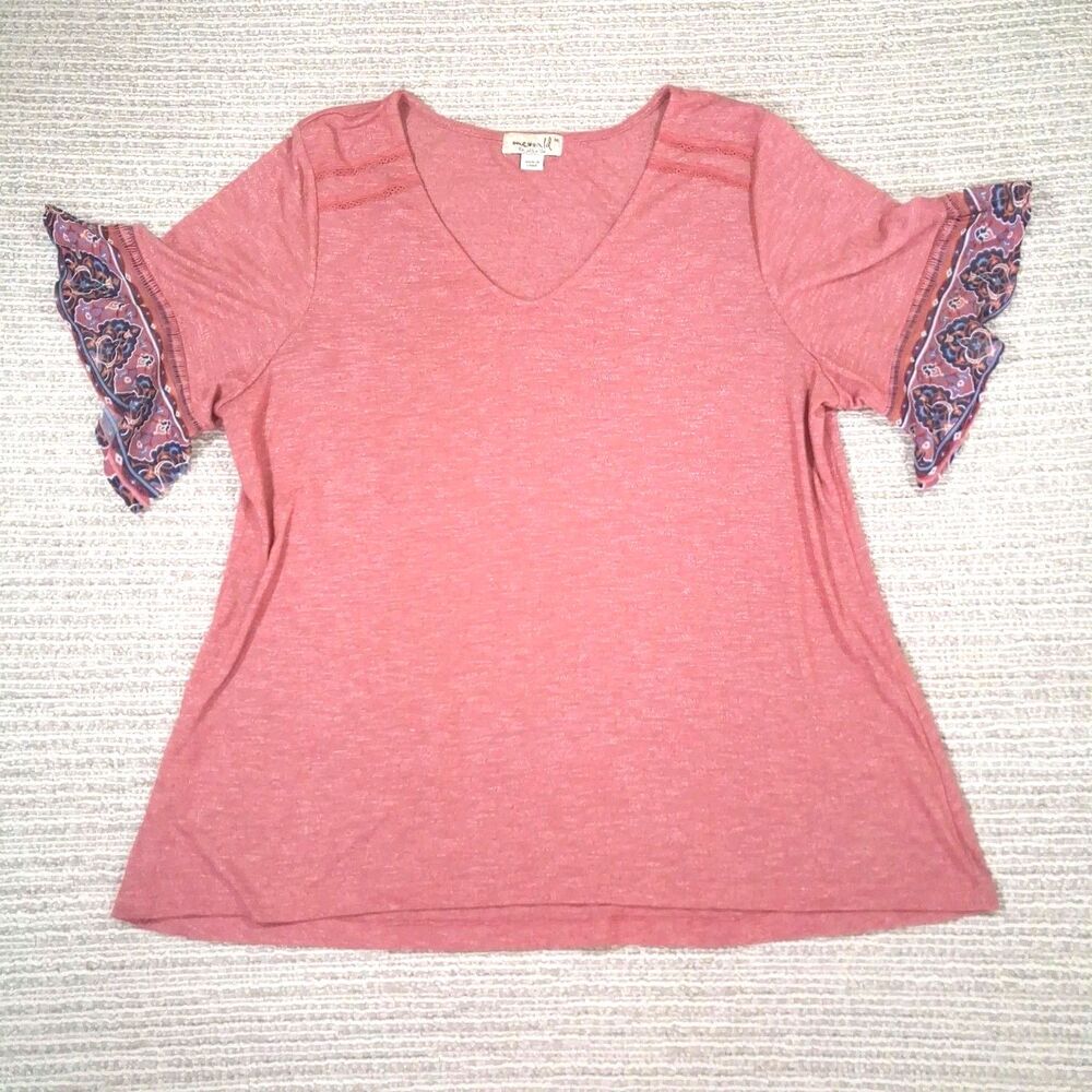 One World Womens Medium Pink Heathered V-Neck Paisley Flutter Sleeve Boho Blouse